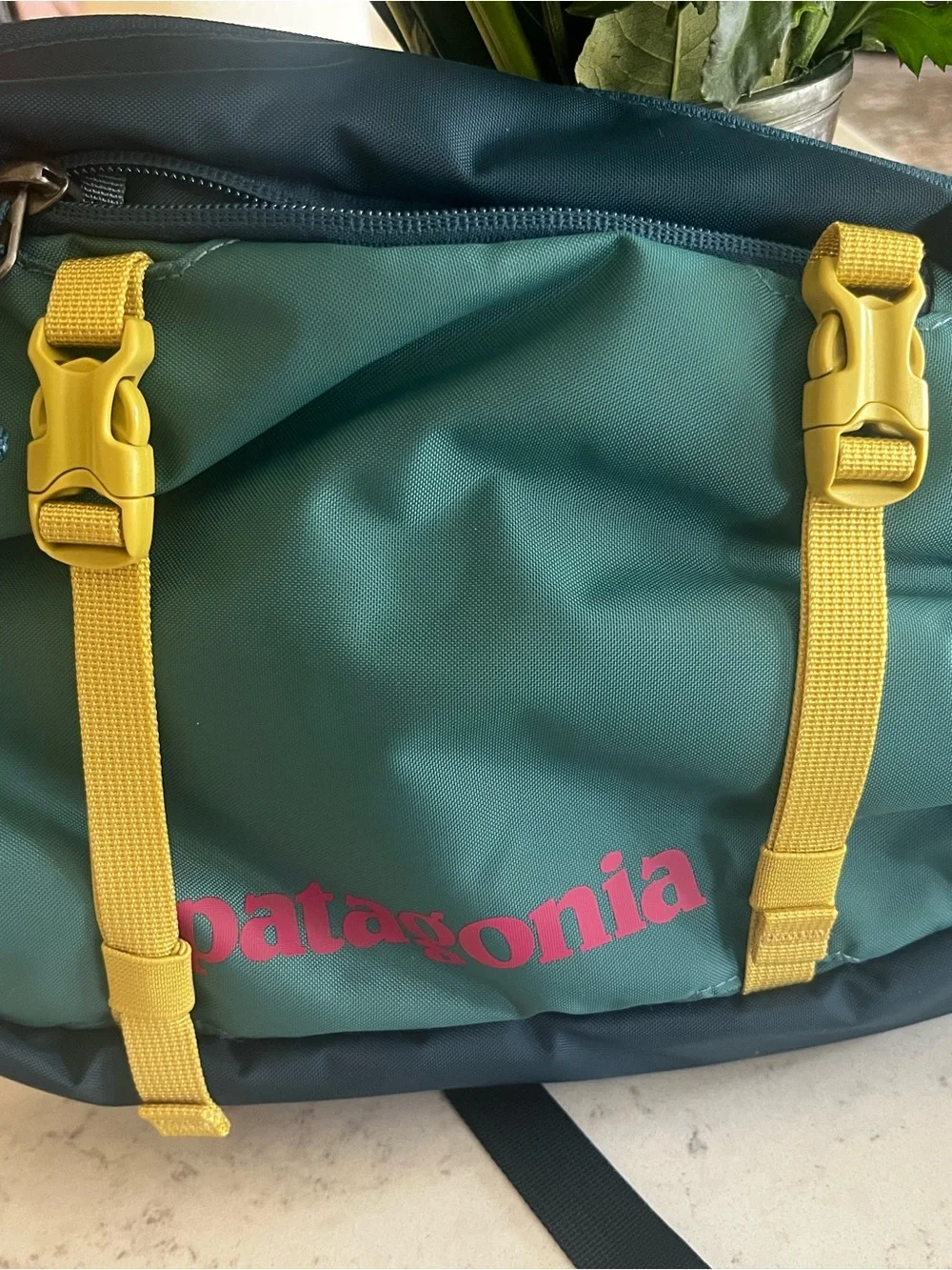 Patagonia Dark Green Sling Belt Bag with Yellow Straps and Pink Accent - Picture 2 of 2